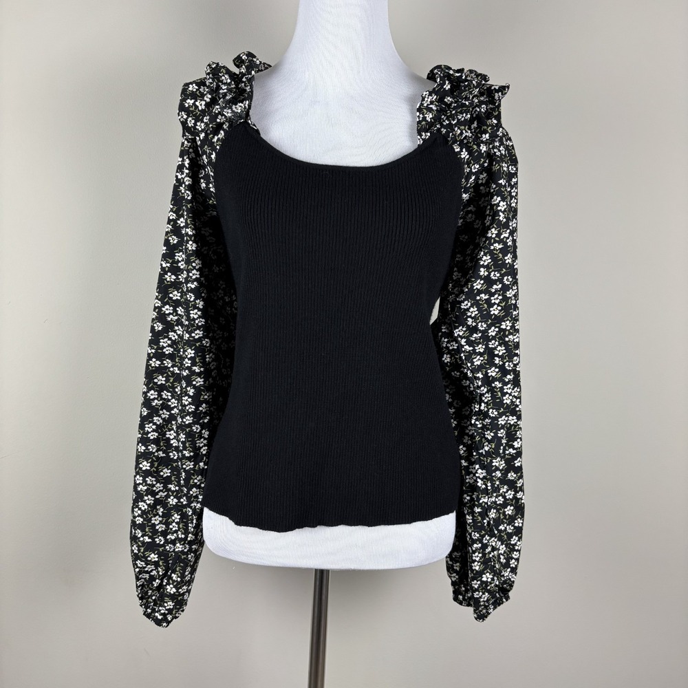 By Anthropologie Top‎ Womens XL Black Floral Woven Ruffle-Sleeve Sweater Ribbed